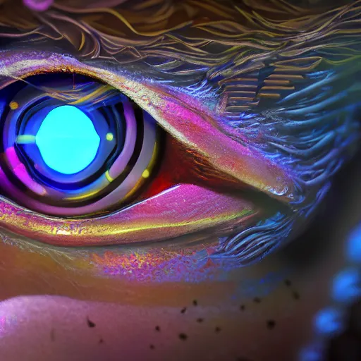 Image similar to Cybernetic Eye, close up, colorful, fantasy, vivid colors, concept art, sharp focus, digital art, Hyper-realistic, 4K, Unreal Engine, Highly Detailed, HD, Dramatic Lighting by Brom, trending on Artstation