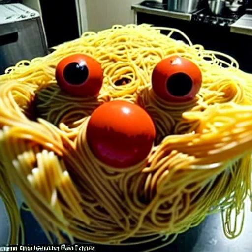 Prompt: the flying monster with a body made of spaghetti noodles and two big meatballs, with eyes at the end of the noodles that grow upward