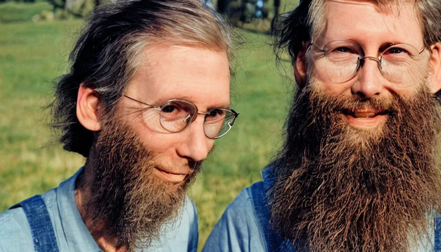 Image similar to far view, extremely skinny malnourished mitch mcconnell with long beard, wearing dirty overalls, dirty greasy face, grin, portrait, close up, kodak gold 2 0 0, 5 0 mm,