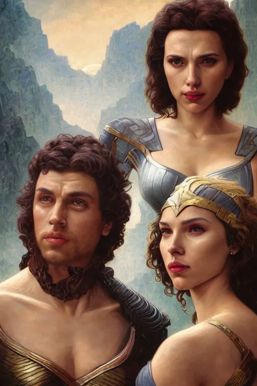 Image similar to A fantasy comic book style Oil Painting portrait of Scarlett Johansson and Gal Gadot, as Atlantean Reptilian Warriors, Mystical Valkyrie, unreal 5, DAZ, hyperrealistic, octane render, Regal, Refined, Detailed Digital Art, RPG portrait, William-Adolphe Bouguereau, Michael Cheval, Walt Disney (1937), François Boucher, Steampunk, Josephine wall, dynamic lighting, Highly Detailed, Cinematic Lighting, Unreal Engine, 8k, HD