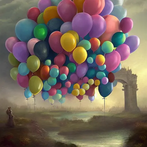 Image similar to digital art of bretagne with giant birthday balloons, artstation cgsociety masterpiece