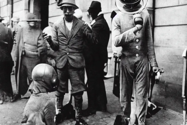 Image similar to a time traveler dressed in a futuristic experimental suit, among 1 9 2 0 s people. in a black and white historical picture, leica, grainy