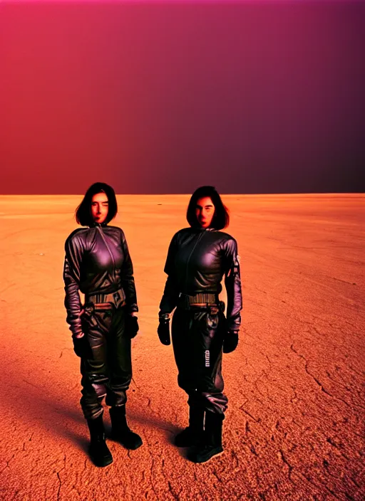 Image similar to photographic portrait shot on cinestill 5 0 d of two loving clones, techwear women on a desolate plain with a red sky, a brutalist dark metal facility in the background, dust storm, 3 5 mm, 8 k, depth of field, high resolution, ultra realistic faces