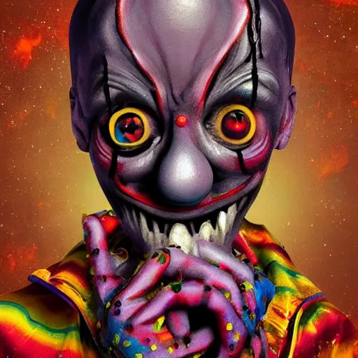 Prompt: Clown turning into a cosmic horror, Gothic Art, color, award-winning art, horror, scary, eerie, ominous, unnerving, 8k