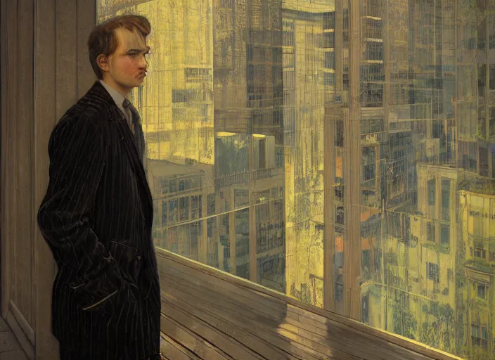 Image similar to portrait of man outside office building, cynical realism, saturated, dramatic lighting, painterly, yoshitaka amano, miles johnston, moebius, beautiful lighting, miles johnston, klimt, tendrils, in the style of, louise zhang, victor charreton, james jean, two figures