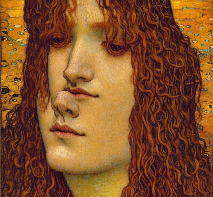 Image similar to detailed realistic beautiful young medieval queen face portrait by jean delville, gustav klimt and vincent van gogh, art nouveau, symbolist, visionary, gothic, pre - raphaelite, muted earthy colors, desaturated