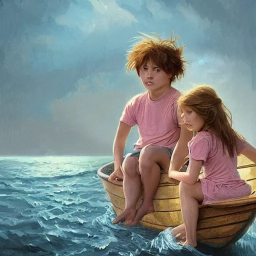 Image similar to 2 children sitting on a boat a boy and a girl a boy has brown hair messy while the girl has blonde straight hair digital painting, artstation, concept art, soft light, hdri, smooth, sharp focus, illustration, fantasy, intricate, elegant, highly detailed, D&D, matte painting, in the style of Greg Rutkowski and Alphonse Mucha and artemisia, 8k, highly detailed, jurgens, rutkowski, bouguereau, pastoral, rustic, georgic