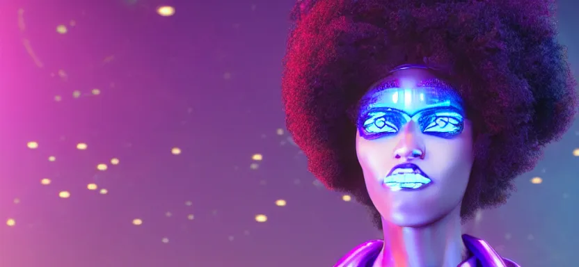Image similar to portrait of a beautiful black woman with afro hair and glowing purple eyes, cyberpunk rio de janeiro background, digital art, trending on artstation, global illumination, backlit, purple and blue