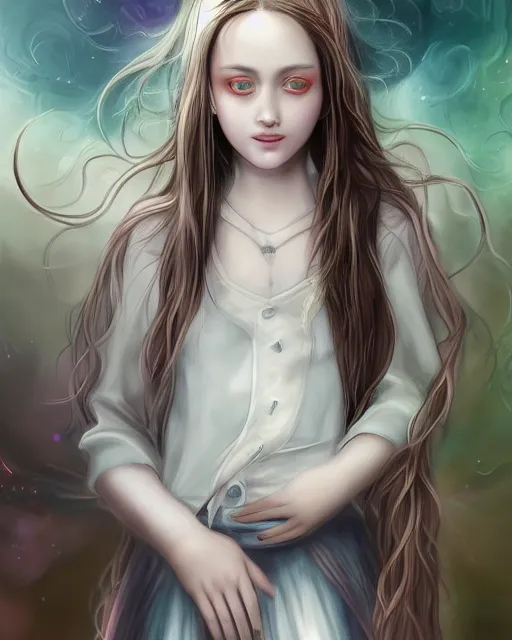 Prompt: a lonesome soul that is imagining becoming a lost soul as a cute and pretty mentally insane young woman inquisitively smirks at you. slender, pretty and stunning young wonan wearing a private school uniform, with mental insanity imagines an image of a psychic energetic state of lucid reality. ultra detailed painting at 16K resolution and epic visuals. epically surreally beautiful image. rendering amazing detail. vivid clarity. ultra shadowing. colors