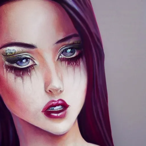 Image similar to a photo realistic art of a girl with an elegant outfit and heavy make up