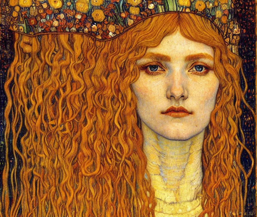 Image similar to detailed realistic beautiful young medieval queen face portrait by jean delville, gustav klimt and vincent van gogh, art nouveau, symbolist, visionary, gothic, pre - raphaelite, muted earthy colors, desaturated