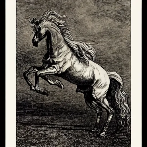 Image similar to a galloping horse, by gustave-dore and arthur-rackham