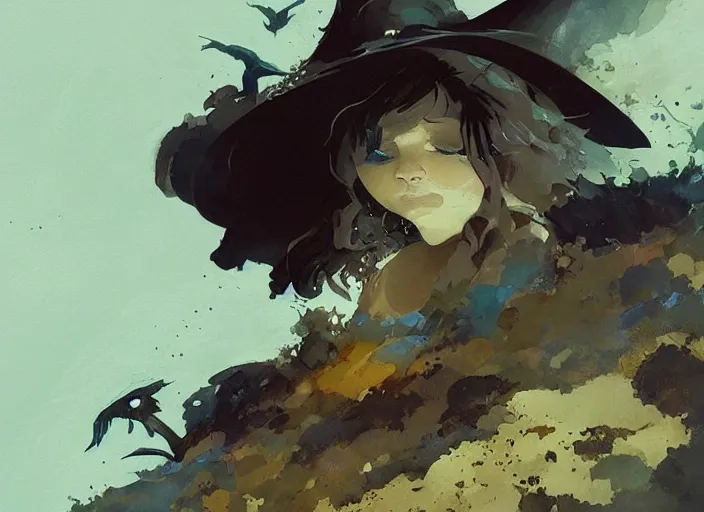 Image similar to a little witch sleeping at the sea art by craig mullins, james gilleard, by joe fenton, by greg rutkowski, by greg tocchini, by kaethe butcher, 4 k resolution, gradient yellow, black, brown and cyan color scheme, grunge aesthetic!!!