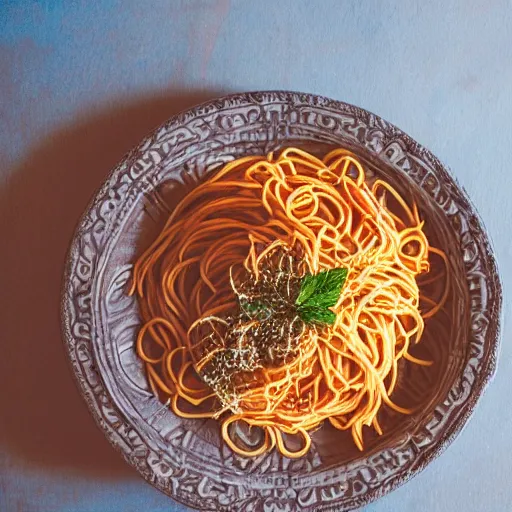 Prompt: highly detailed illustration of a plate of spaghetti on top of a blue and wooden table