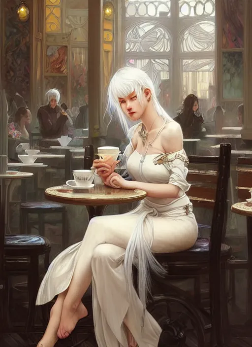 Prompt: a beautiful girl with white hair and bangs, sitting in a cafe, fantasy, intricate, elegant, highly detailed, digital painting, artstation, concept art, matte, sharp focus, illustration, art by Artgerm and Greg Rutkowski and Alphonse Mucha