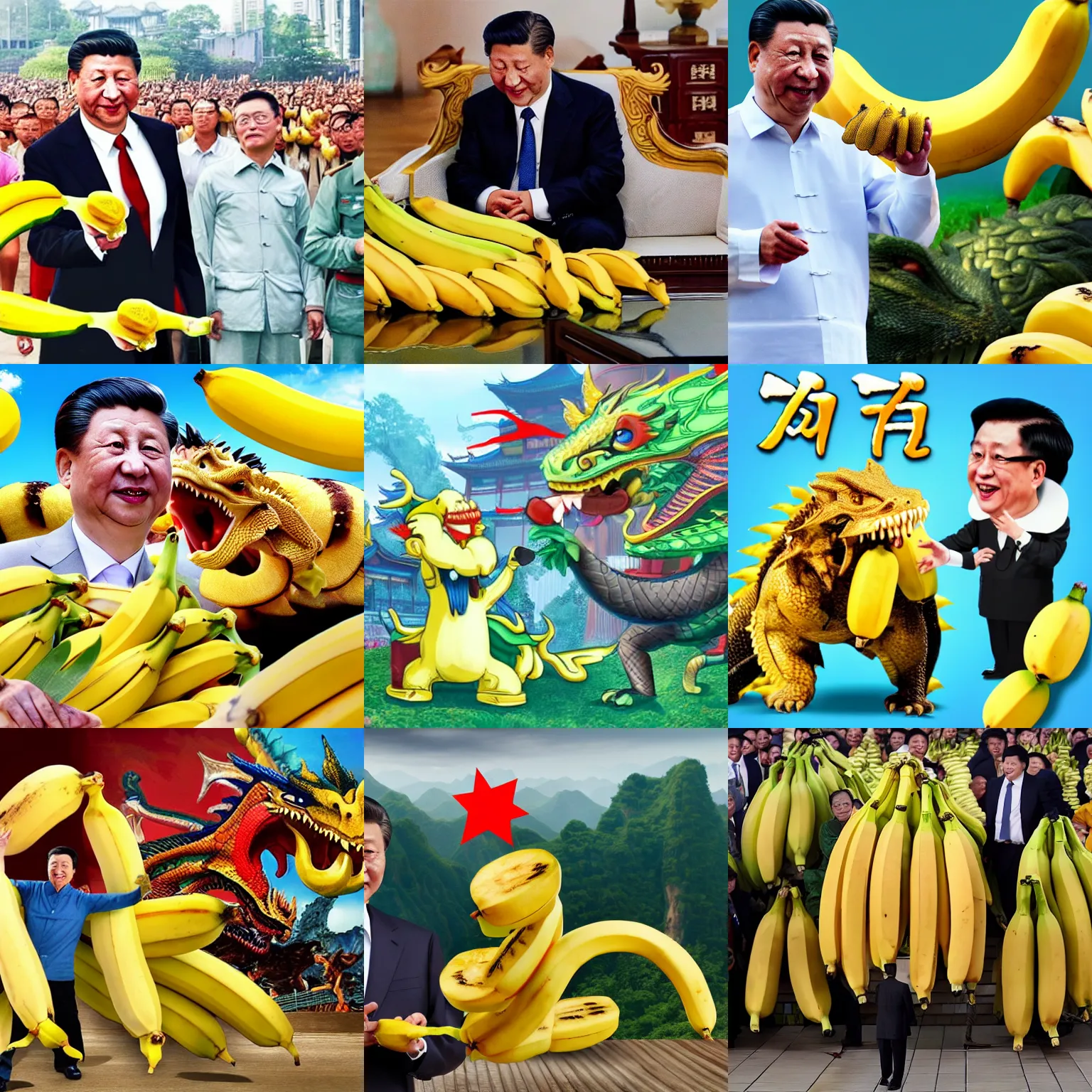 Prompt: Chinese president with bananas is fighting dragon, epic, Chinese president, 4k