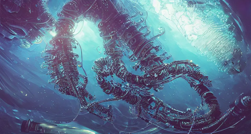 Prompt: bioluminescent cyberpunk siphonophore, extreme light, submersible, deep ocean, organic, mariana trench, midnight zone, bubbles, hyper realistic, hyper detailed, digital art, trending in artstation, studio quality, photorealistic, photo, by jesper ejsing, wlop, paul lehr