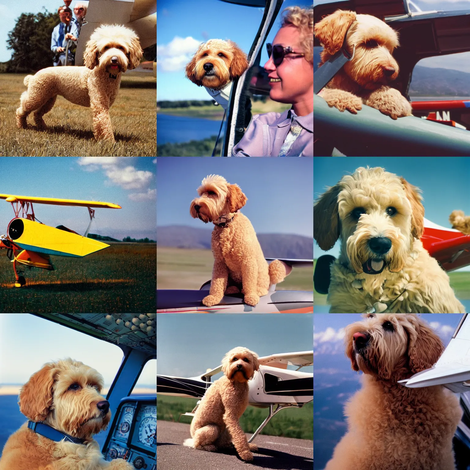 Prompt: cinestill of a blonde labradoodle piloting a small plane