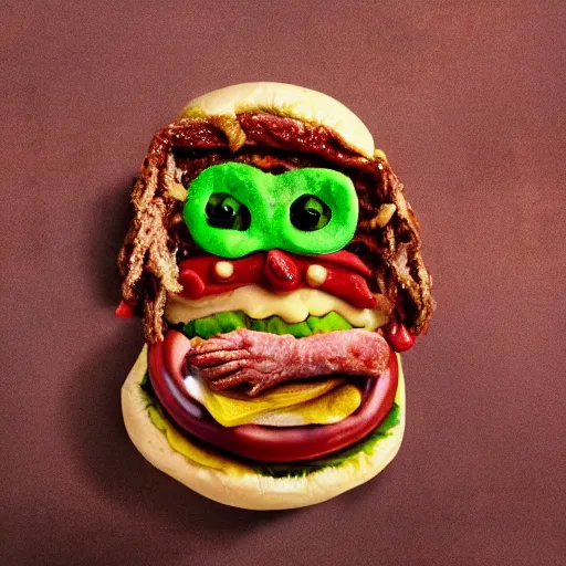 Image similar to a humanoid bipedal upright zombie that strongly resembles a hamburger, professional food photography