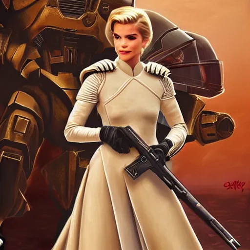 Image similar to A combination of Grace Kelly's and Emma Watson's and Ashley Greene's appearances with blonde hair wearing Master Chief's armor, full body portrait, D&D, fantasy, intricate, elegant, highly detailed, digital painting, artstation, concept art, matte, sharp focus, illustration, art by Donato Giancola and James Gurney