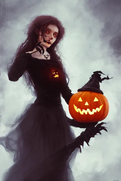 Image similar to portrait of a ghoulish victorian witch holding a jack - o - lantern, halloween night, charlie bowater, artgerm, ilya kuvshinov, krenz cushart, ruan jia, realism, ultra detailed, 8 k resolution