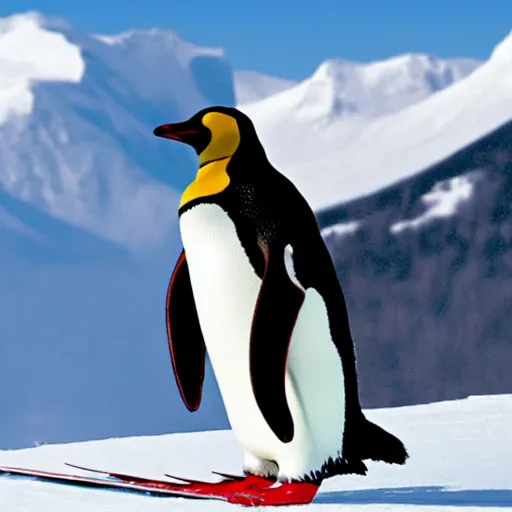 Prompt: penguin skiing on snow, snowy mountain background, snowing