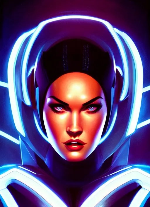 Image similar to portrait of megan fox as tron, disney, tron, disc wars, intricate, headshot, highly detailed, digital painting, artstation, concept art, sharp focus, cinematic lighting, illustration, art by artgerm and greg rutkowski, alphonse mucha, cgsociety