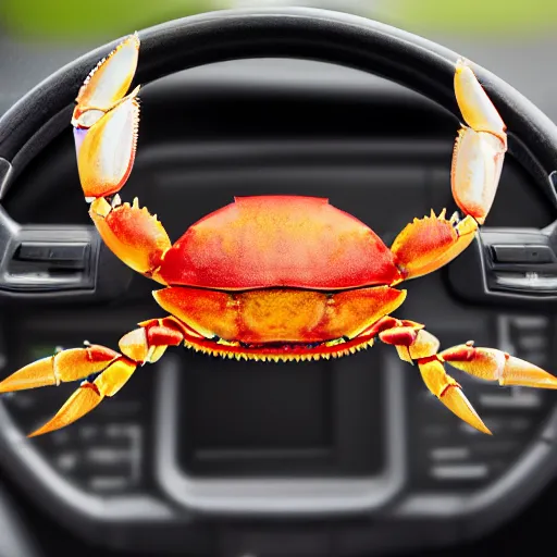 Image similar to a crab driving behind the wheel of a semi truck in real life, highly detailed, 8 k resolution, ultra realistic