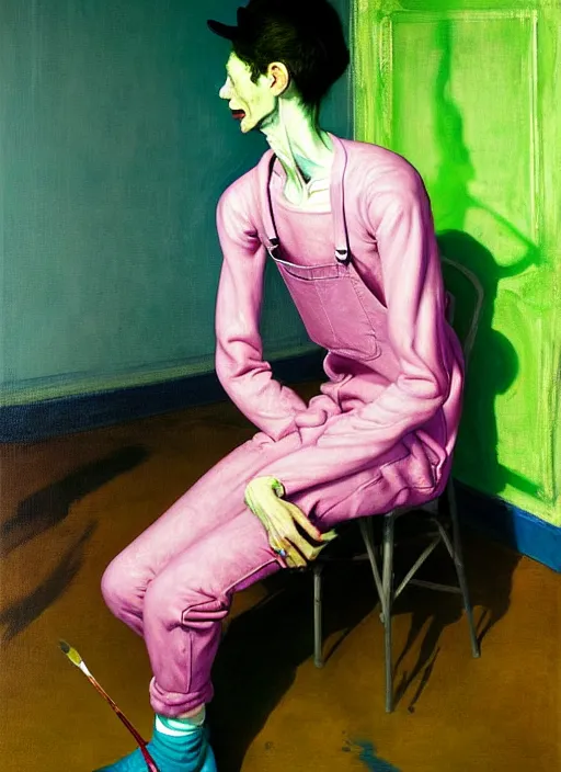 Image similar to a skinny, starving artist wearing overalls, painting the walls inside a grand messy studio, hauntingly surreal, highly detailed painting by francis bacon, edward hopper, adrian ghenie, gerhard richter, and james jean, soft light 4 k in pink, green and blue colour palette