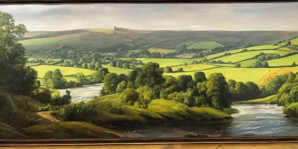 Image similar to a beautiful landscape painting of a yorkshire countryside valley with a river, oil on canvas, highly detailed, hd, 4 k