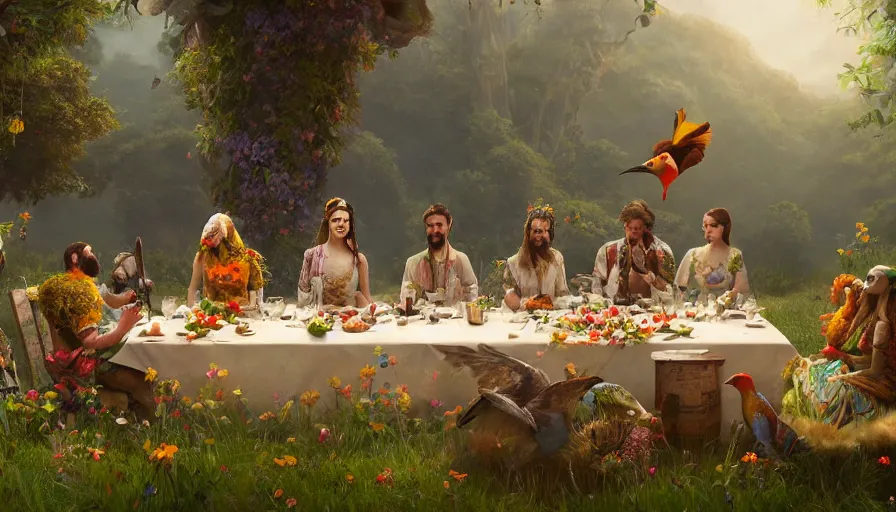 Image similar to a table dinner of exotic birds where birds are dressed like the characters from the midsommar movie wearing flowers, realistic detailed digital art by maxwell boas jessica rossier christian dimitrov anton fadeev trending on artstation cgsociety rendered in unreal engine 4 k hq