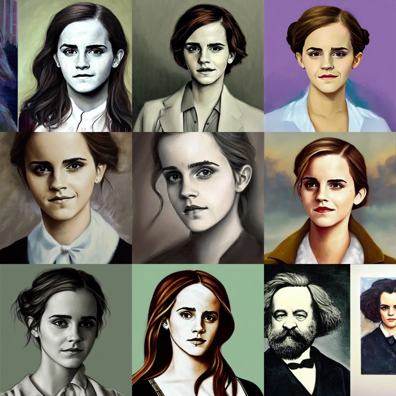 Prompt: painting of emma watson that looks like karl marx