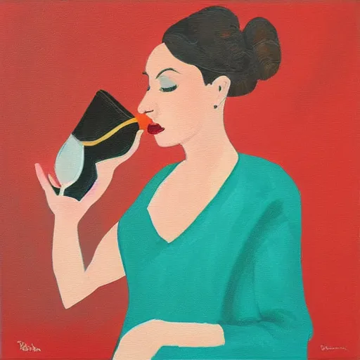 Image similar to square painting of a ballerina drinking wine in a teal room all on a red background