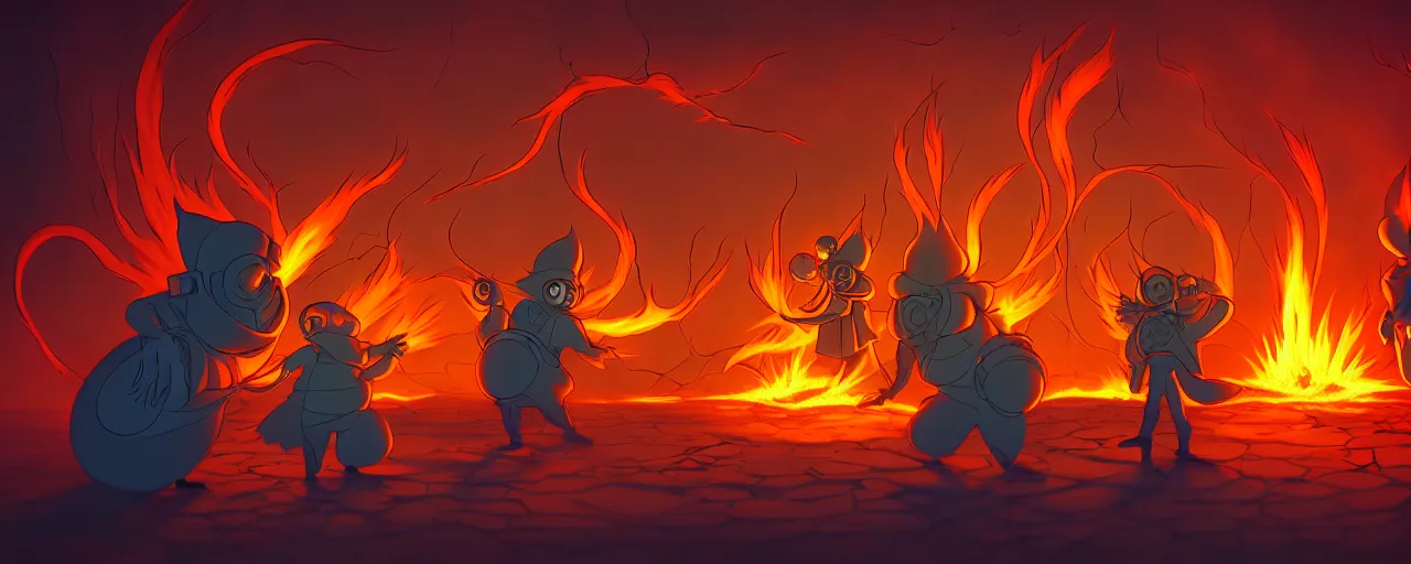 Image similar to wild alchemist mutants in a fiery alchemical lab deep in the imaginal sea, dramatic lighting, surreal fleischer cartoon characters, shallow dof, surreal painting by ronny khalil