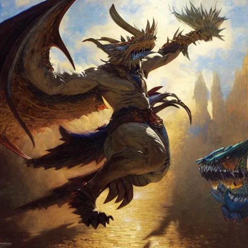 Prompt: stunning male master wizard fighting with zinogre from monster hunter, highly detailed painting by gaston bussiere, craig mullins, j. c. leyendecker, 8 k