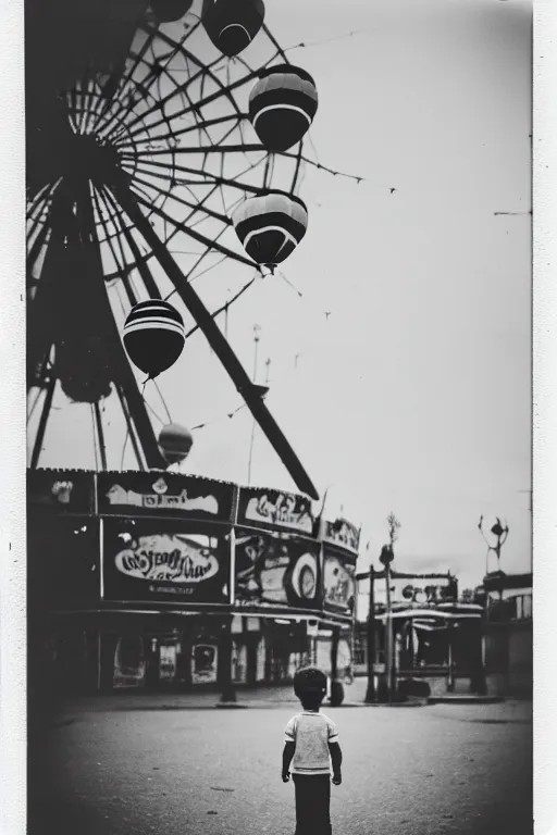 Prompt: photo polaroid of a sad and lonely child in the middle of a street holds the string of a balloon in front of him a Ferris wheel of a funfair, loneliness, black and white ,photorealistic, 35mm film,