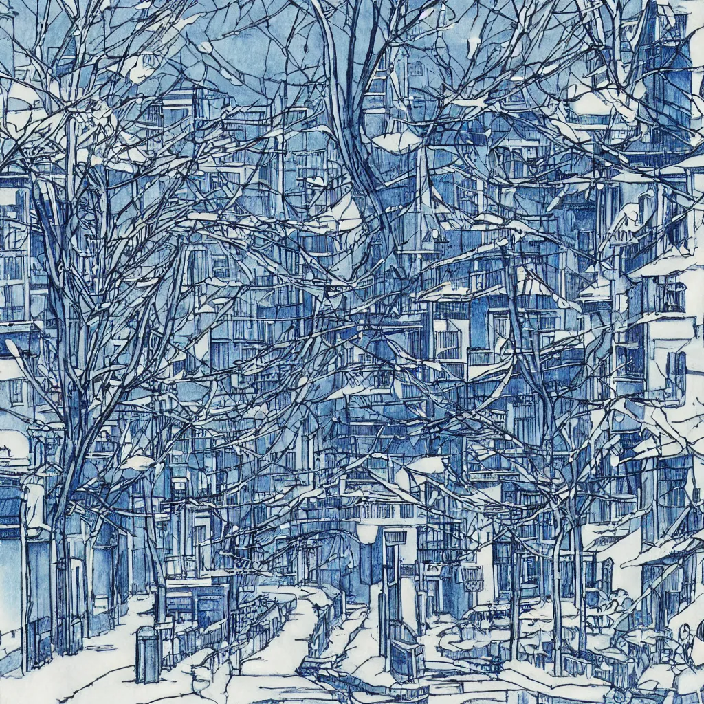 Prompt: an anime drawing of a 1970\'s downtown tokyo in blue tones with exposed edison bulbs, snow, ornamental cherry trees and a distant mount fuji