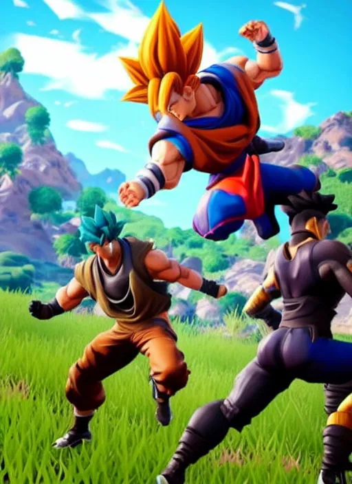 Image similar to game still of a sayan goku as a fortnite skin in fortnite by fortnite, pose.