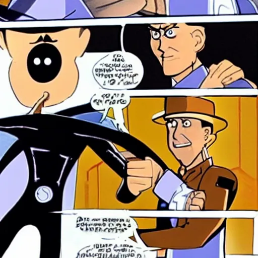 Prompt: Inspector Gadget doing long distance arm-wrestling with Reed Richards