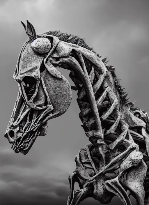 Prompt: skeleton of a horse in a dark veil, dark and mysterious, stopped in time, atmospheric, ominous, eerie, cinematic, epic, 8 k, 4 k, ultra detail, ultra realistic