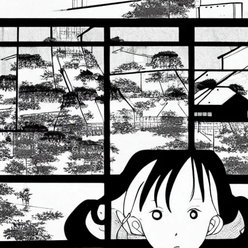 Image similar to a manga vignette with a japanese urban geometrical landscape, black and white, in style of inio asano