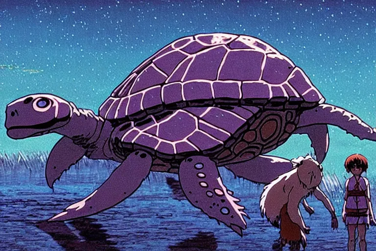 Image similar to a still from princess mononoke ( 1 9 9 7 ) film of an alien mothership shaped like a sea turtle, at night in the suburbs. full body, wide shot, very muted colors, post grunge, studio ghibli, laurie greasley, highly detailed, deviantart, art by artgem