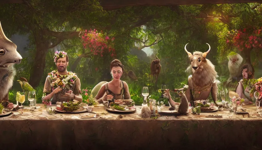 Image similar to a table dinner of exotic animals where animals are dressed like the characters from the midsommar movie wearing flowers, realistic detailed digital art by maxwell boas jessica rossier christian dimitrov anton fadeev trending on artstation cgsociety rendered in unreal engine 4 k hq