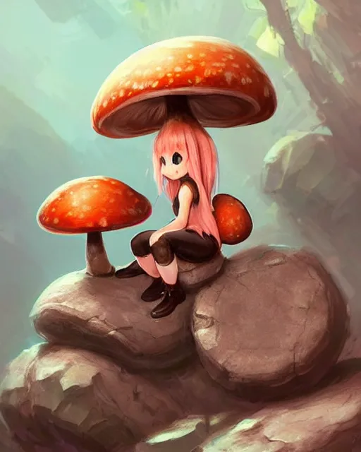 Image similar to concept art of a mushroom creature, wearing tight clothes made of rocks, sitting on a rock in a cave | | cute - fine - fine details by stanley artgerm lau, wlop, rossdraws, and sakimichan, trending on artstation, brush strokes