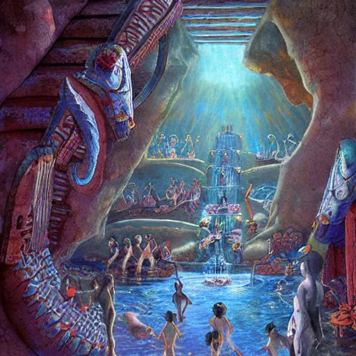 Prompt: ancient mayan waterpark carved waterslides painting by brain froud, charles vess, ambient lighting, epic composition, highly detailed