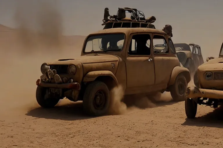 Image similar to epic sandstorm battle, Renault 4 cars in the Movie Mad Max: Fury Road (2015)