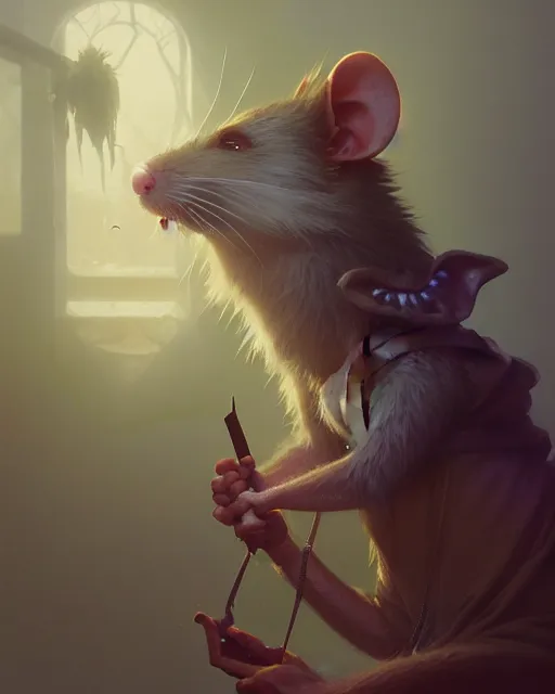 Prompt: highly detailed vfx portrait of an anthropomorphic rat, unreal engine, greg rutkowski, loish, rhads, beeple, makoto shinkai and lois van baarle, ilya kuvshinov, rossdraws, tom bagshaw, alphonse mucha, global illumination, detailed and intricate environment