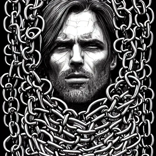 Image similar to A PORTRAIT FROM BEHIND OF A MAN ,THE THE MAN IS WRAPPED IN CHAINS ,detailed, concept art, ink style , sketch