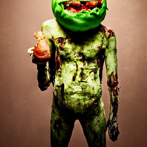 Image similar to a humanoid bipedal upright zombie that strongly resembles a hamburger, professional food photography