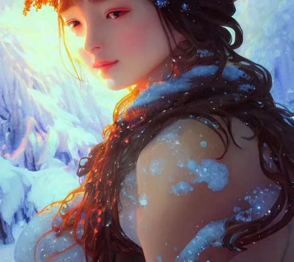 Image similar to beautiful ancient frost witch, fire in eye, snow glow, pool party, highly detailed, digital painting, artstation, sharp focus, illustration, art by tan zi and ayanamikodon and alphonse mucha and wlop!